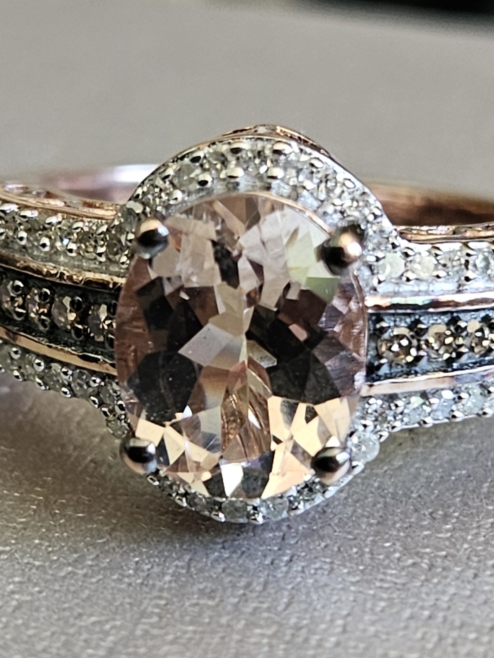 Oval Morganite Halo Ring with White & Chocolate Pavé Set Diamonds